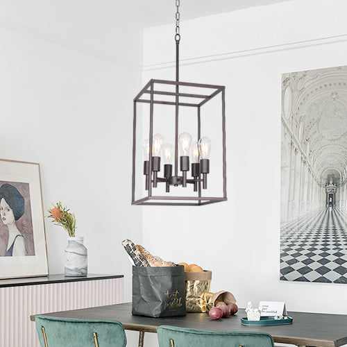 VINLUZ 6 Light Farmhouse Square cage Pendant Lighting Oil-Rubbed Bronze