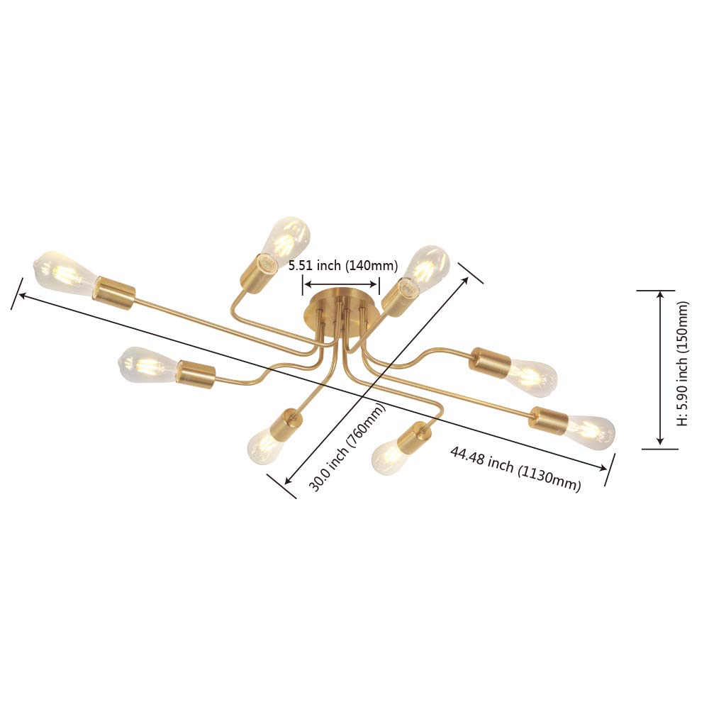 VINLUZ 8 Lights Sputnik Chandelier Gold Semi Flush Mount Ceiling Light Brushed Brass