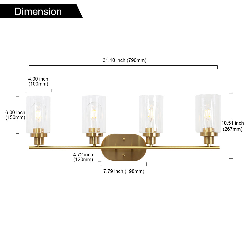VINLUZ 4 Light Vanity Lights with Clear Glass Shade Brushed Brass Indoor Wall Sconce