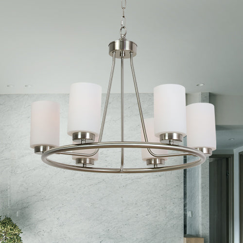 VINLUZ 6 Light Farmhouse Brushed Nickel Round Chandelier with Opal White Cylinder Glass Shades