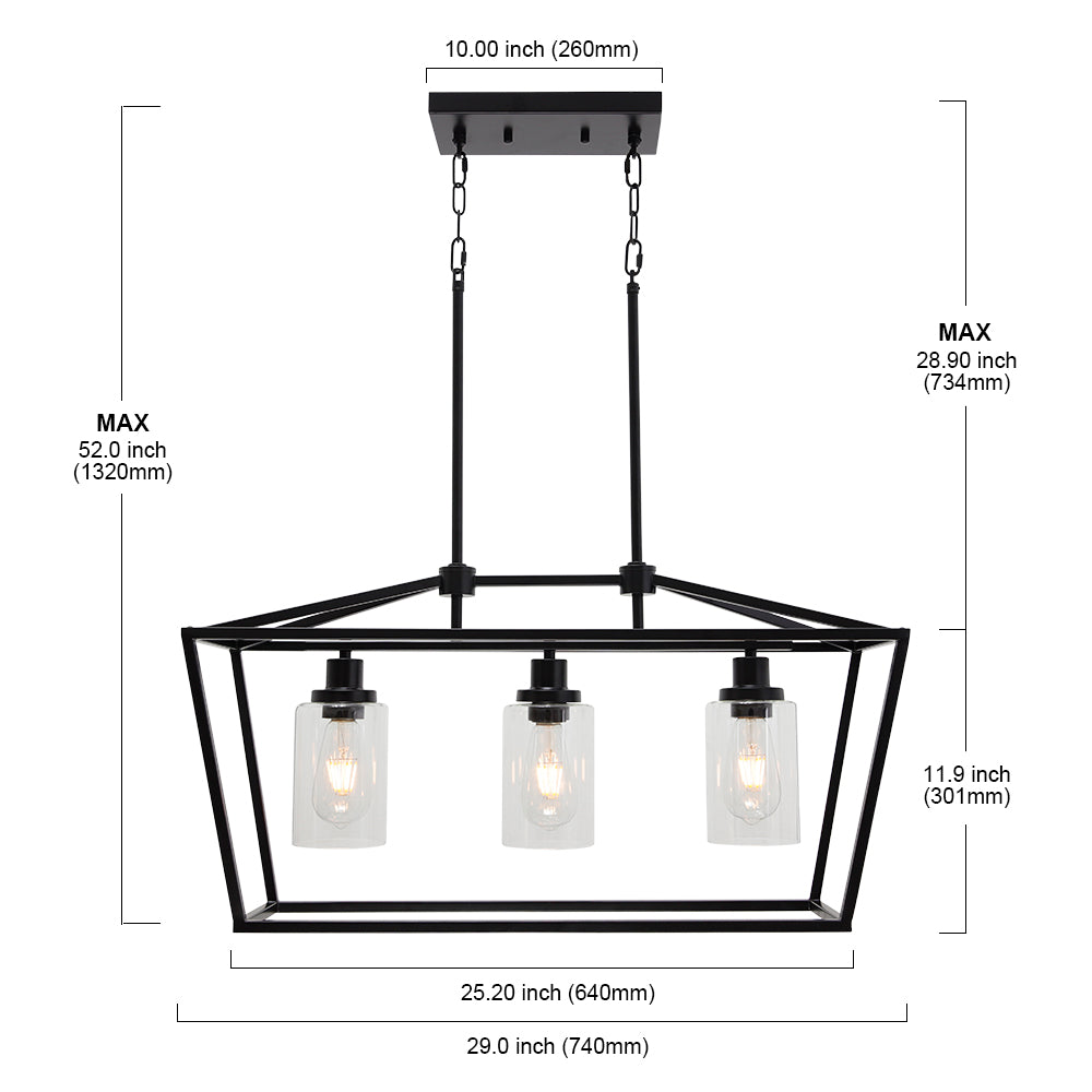 3 Light  Contemporary Kitchen Island Chandelier Matte Black Finish with Clear Glass Shade