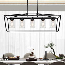 Farmhouse 5 Light Rectangle Dining Room Chandelier with Clear Glass Shade Matte Black Finish