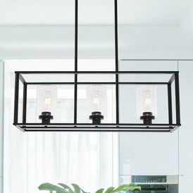 VINLUZ 3 Light Kitchen Island Pendant Lighting Black Contemporary Industrial Linear Chandelier with Clear Glass Shade