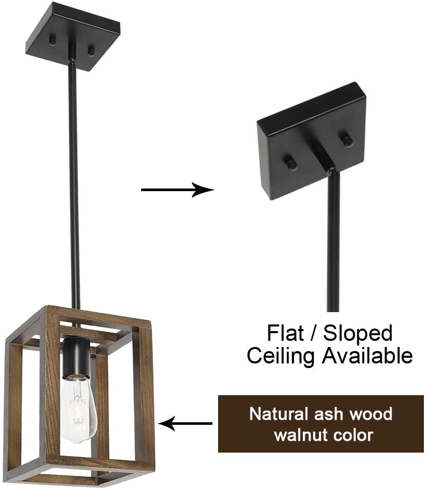 VINLUZ 1-Light Wood Pendant Lighting Rustic Style Black Walnut Natural Wooden Frame