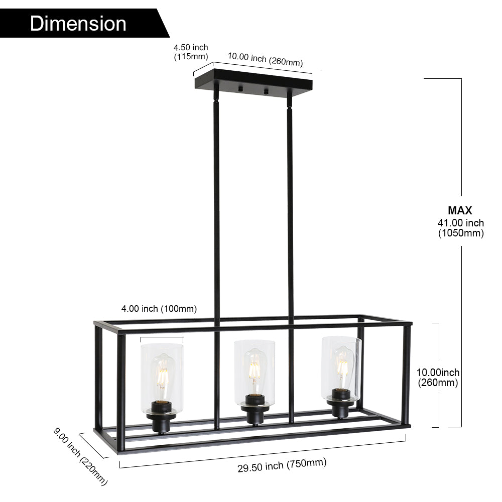 VINLUZ 3 Light Kitchen Island Pendant Lighting Black Contemporary Industrial Linear Chandelier with Clear Glass Shade