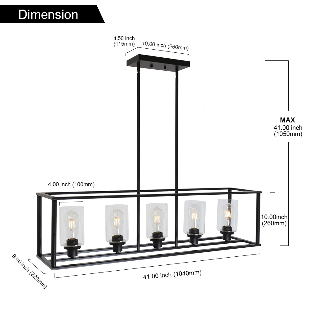 5 Light VINLUZ Modern Linear Kitchen Island Chandelier Black Finish with Clear Glass Shade Cage Pendant Ligh Hanging