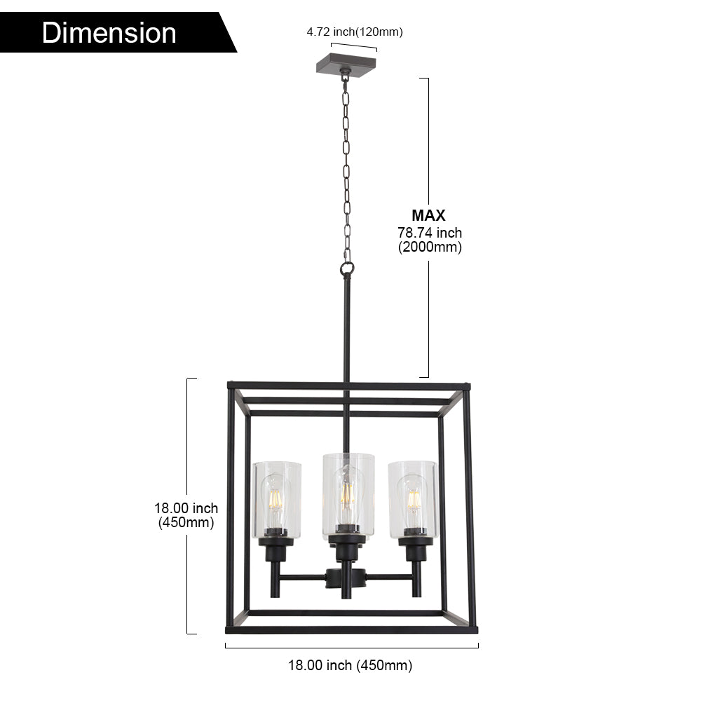 VINLUZ 4 Light Hanging Lantern Pendant Light Black Industrial Cage Chandelier with Clear Glass Shade
