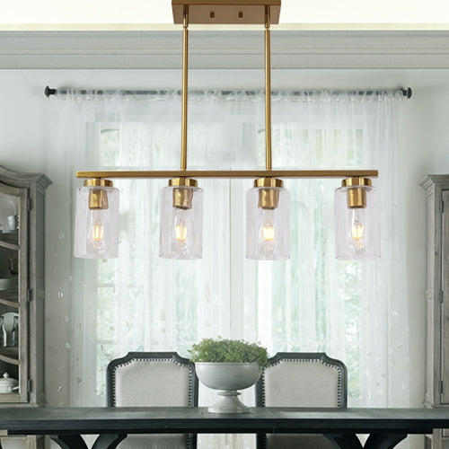 VINLUZ 4 Light Brushed Brass Modern Dining Room Chandelier Fixture with Cylinder Glass