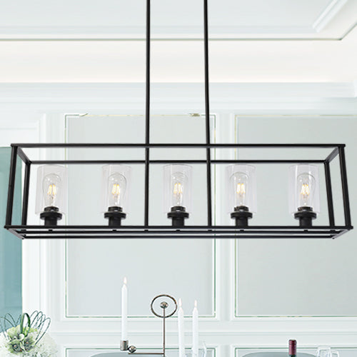 5 Light VINLUZ Modern Linear Kitchen Island Chandelier Black Finish with Clear Glass Shade Cage Pendant Ligh Hanging