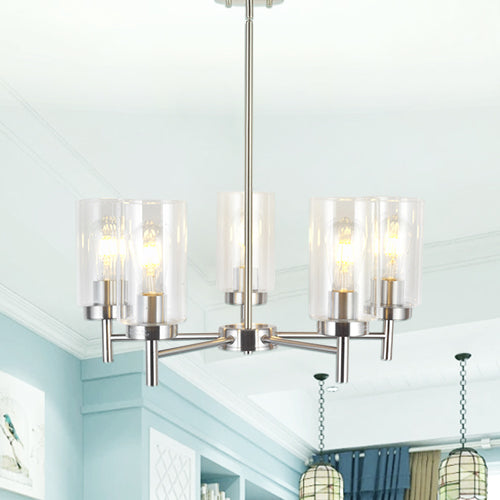 VINLUZ Contemporary 5-Light Large Chandeliers Modern Clear Glass Shades Brushed Nickel
