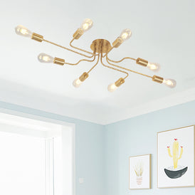 VINLUZ 8 Lights Sputnik Chandelier Gold Semi Flush Mount Ceiling Light Brushed Brass