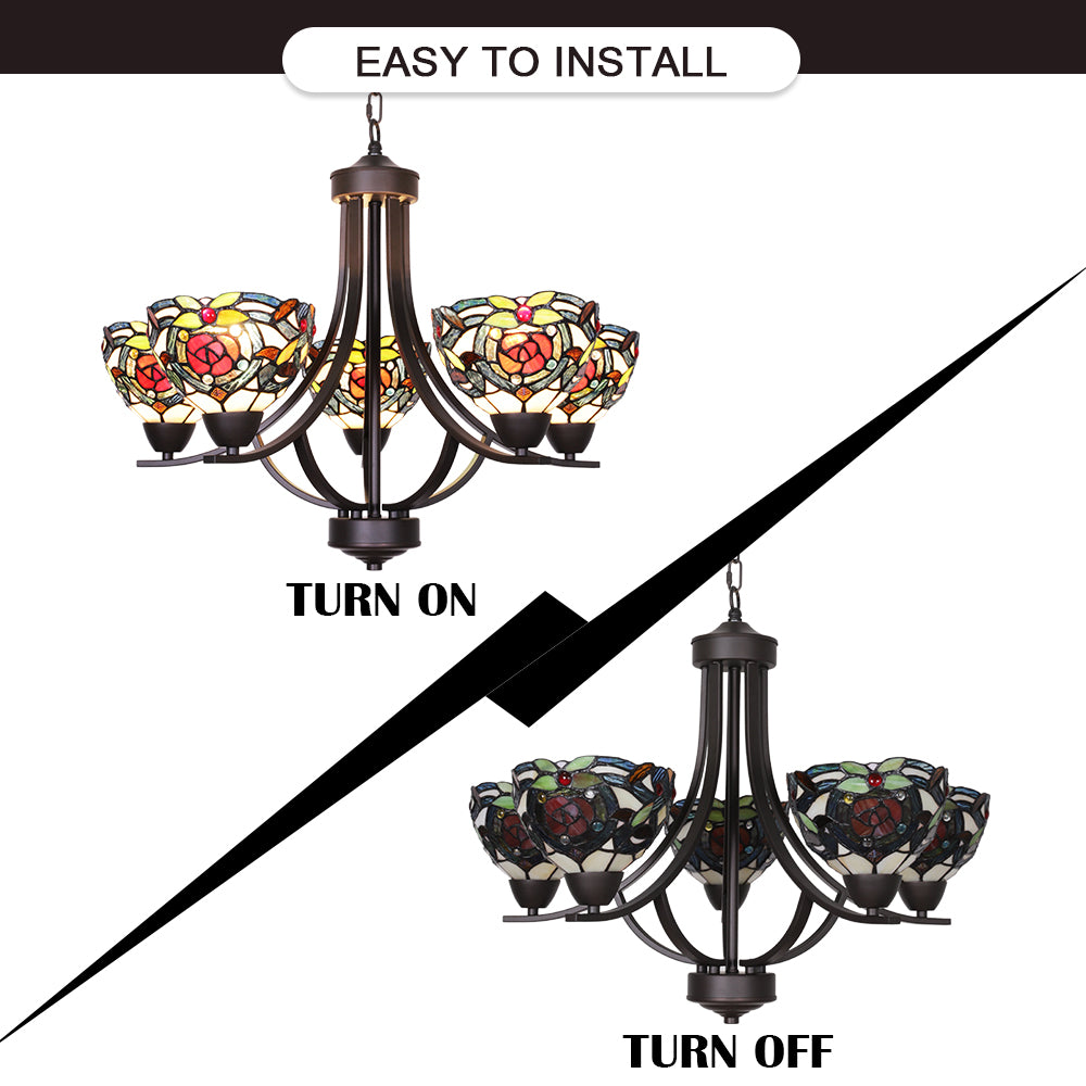 VINLUZ 5 Light Tiffany Chandeliers Lighting Victorian Antique 7-inch Stained Glass Shaded Bronze