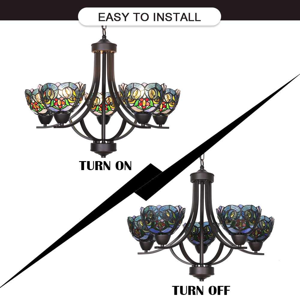 VINLUZ 5 Light Chandeliers Tiffany Style 7.5-inch Stained Glass Shaded, Oil Rubbed Bronze